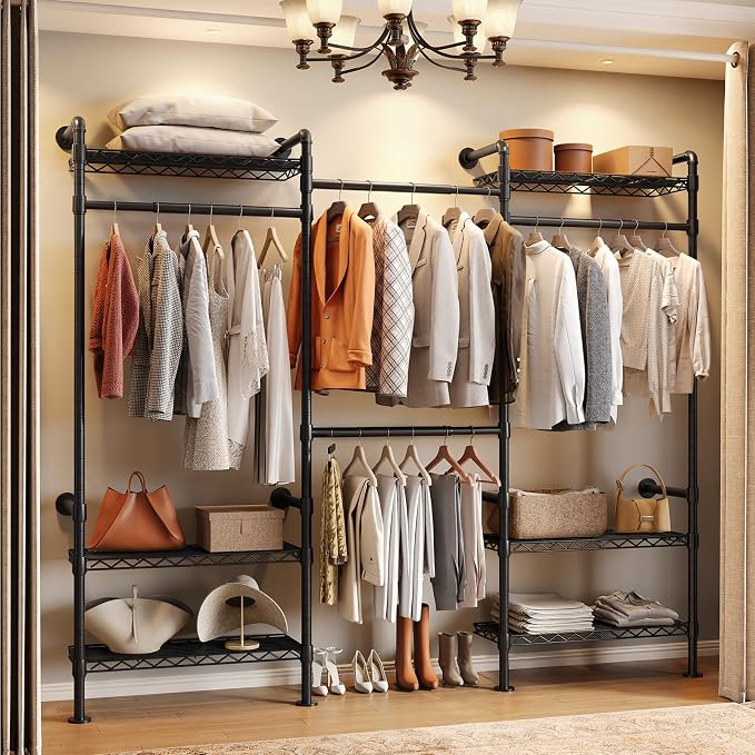 Wall Mounted Garment Rack, Walk-in Closet System with Expandable Rods, Adjustable Shelves, Industrial Pipe Clothing Racks, Hanging Clothes Organizers and Storage, Metal Closet Shelving Wardrobe