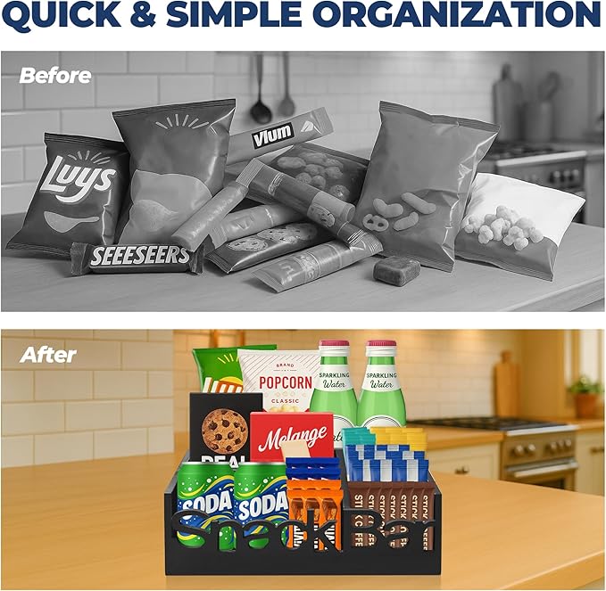 Snack Bar Organizer – Black 5 Compartment Station, Countertop Pantry Organizer for Kitchen, Office Food Holder, Candy Storage Bin, Display Stand, Cabinet Tray & Shelf