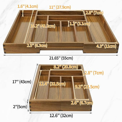 Luxury Acacia Kitchen Drawer Organizer - Silverware Organizer - Utensil Holder and Cutlery Tray with Grooved Drawer Dividers for Flatware and Kitchen Utensils (8 Slot), 17*12.4*2 inch