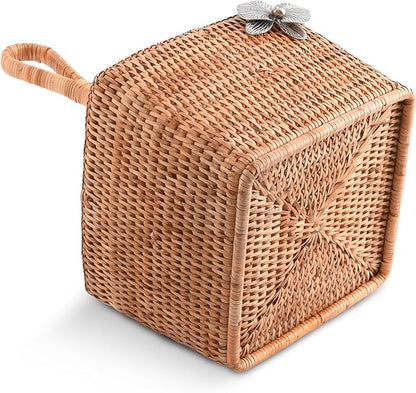 Vagabond House Utensil Caddy - Elegant Rattan Cutlery Holder for Party, Designer Utensil Holder with 4 Compartments, Functional Wicker with Pewter Orchid Flower, Ideal for Tropical Home 12 Inches