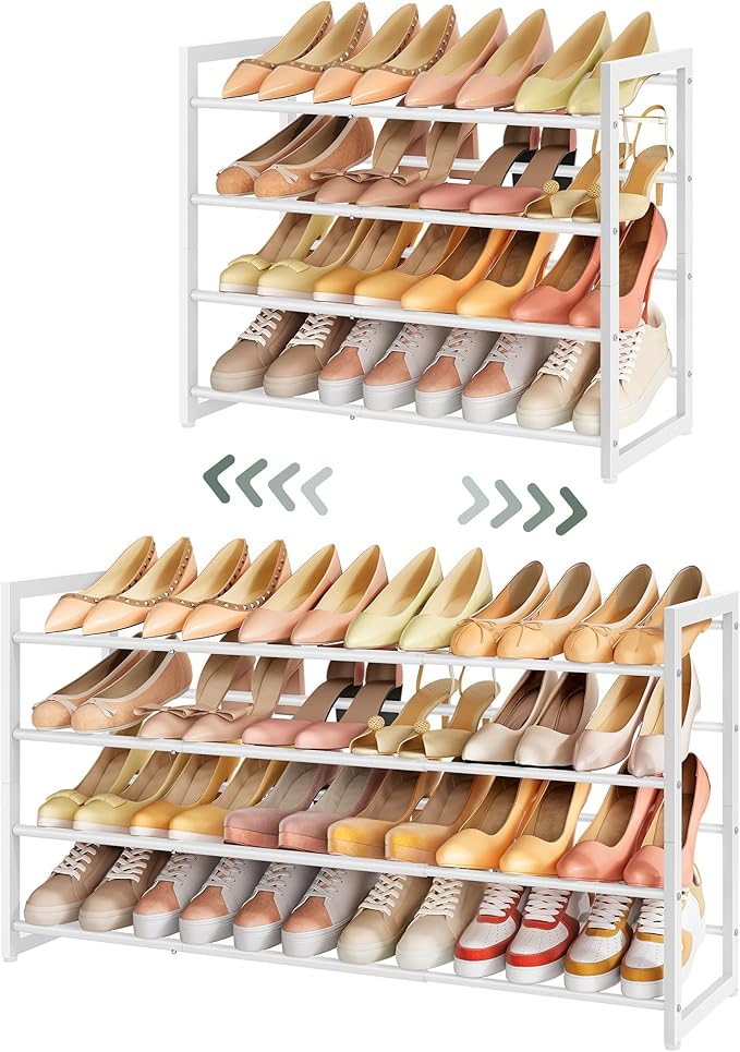 FAVOOSTY 4-Tier Expandable Shoe Rack, Adjustable Shoe Shelf Storage Organizer Space Saving Metal Free Standing Shoe Rack for Entryway Closet Doorway, White