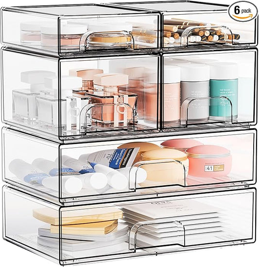 Yieach Clear Stackable Storage Drawers - Set of 6 - Acrylic Drawers,Bathroom Organizer Bin and Plastic Makeup Organizer,Clear Stacking Brightroom Storage Boxes for Vanity,Cabinet,Pantry Organization