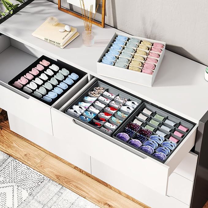 Sock Organizer 4 Pack, 24 Cell Underwear Organizer Foldable Underwear Storage, Sock and Underwear Drawer Organizer for Socks Ties Underwear Belts. (Grey)