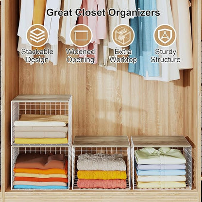 Closet Organizers And Storage Shelf, 3Pack Stackable Closet Storage Bin Basket For Clothes Sweaters With Top Board, Widened Opening, Heightened Height, Large Capacity Sturdy Clothing Storage Organizer