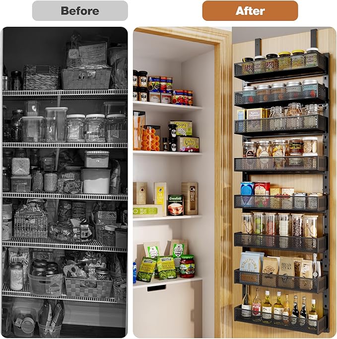 Pantry Door Organizers and Storage, 8-Tier Large Metal Heavy-Duty Frame Over the Door Spice Rack, 2 in 1 Wall-Mounted or Hanging shelf for Kitchen, Bathroom, Laundry Room, Bedroom, Closet &Nursery