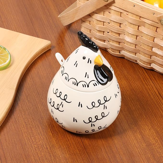 Ceramic Salt Cellar with Lid and Spoon,17oz Large Chicken Rooster Cookie Jar Salt Containers Holder for Countertop Spices,Cute Farmhouse Kitchen Decor,Spice Jar for Coffee,Sugar,Spices,Candies (#B)