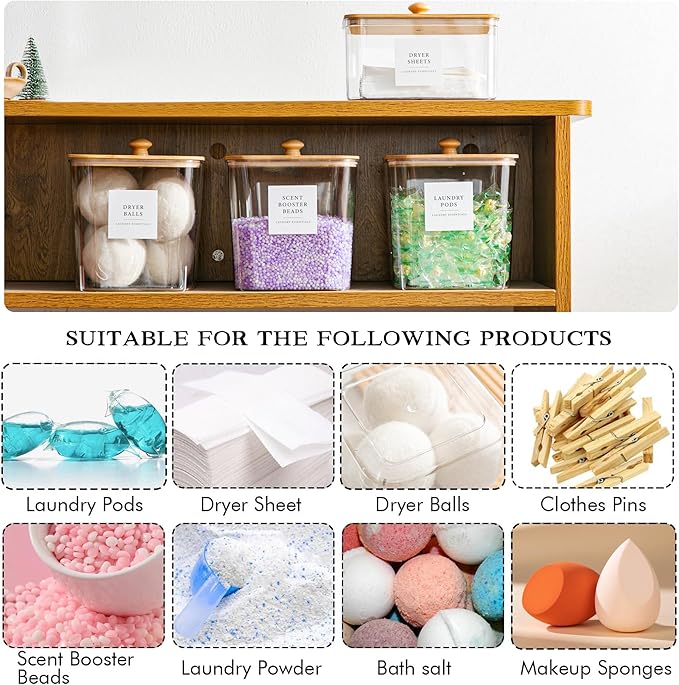 3+1 Pack Laundry Pods Container & Dryer Sheet Holder, Acrylic Square Laundry Room Organization and Storage Jars with Wooden Lids & Labels for Powder, Scent Booster, Detergent