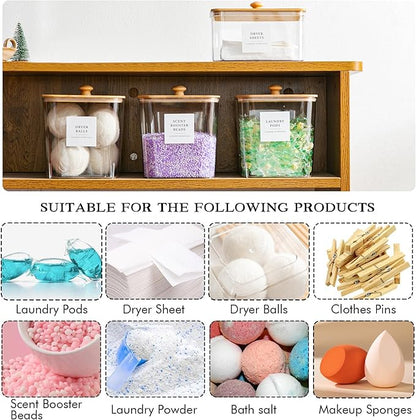 3+1 Pack Laundry Pods Container & Dryer Sheet Holder, Acrylic Square Laundry Room Organization and Storage Jars with Wooden Lids & Labels for Powder, Scent Booster, Detergent