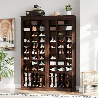 10-Tier Shoe Storage Cabinet, Freestanding Wooden Shoe Rack with Cubbies, Farmhouse Tall Shoes Cubby Organizer for Entryway, Mudrooms, Living Room