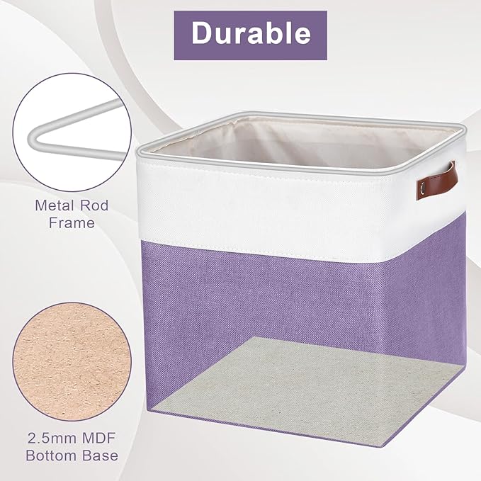 Bagnizer 13x13 Cube Storage Bins, Collapsible Fabric Storage Box, 4 Pack Closet Baskets with Handles for Organizing, Shelf, Toys, Clothes, Home, Office, Nursery (Purple&White)