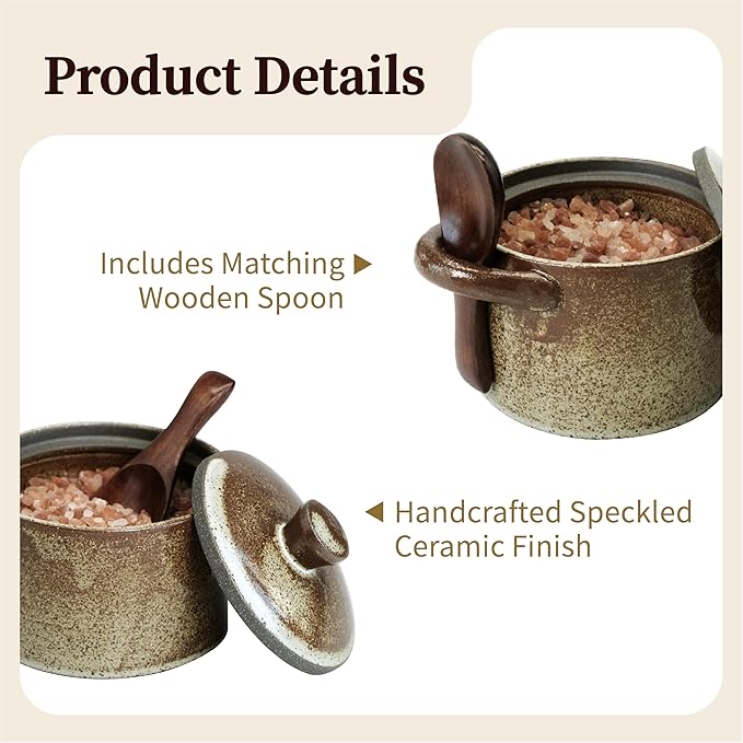 Handcrafted Speckled Ceramic Salt Cellar with Wooden Spoon, Rustic Vintage Spice Jar, Dishwasher Safe, 8.45 fl oz (Peckled Ceramic)
