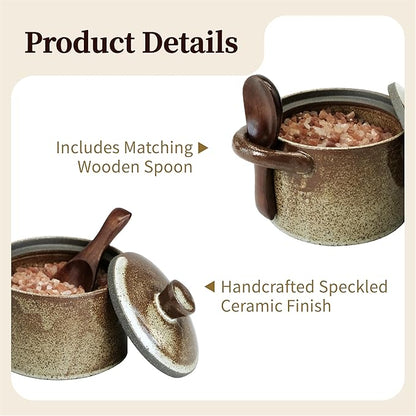 Handcrafted Speckled Ceramic Salt Cellar with Wooden Spoon, Rustic Vintage Spice Jar, Dishwasher Safe, 8.45 fl oz (Peckled Ceramic)