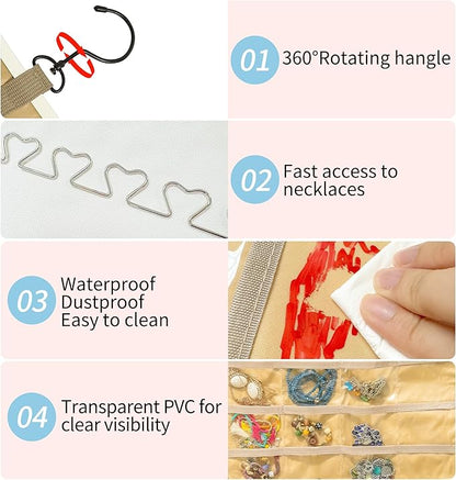Bloss Hanging Jewelry Organizer with 48 Pockets, Double-Side Hanging Jewelrys Holder with Hanger Hooks, Jewelry Organizers and Accessories Storage for Earrings, Necklaces and Rings,Beige
