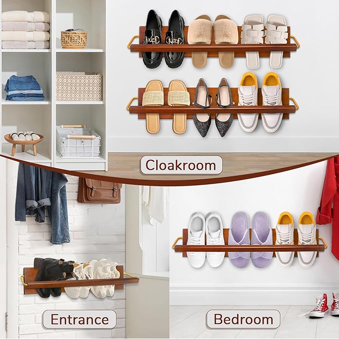 Wall Mounted Shoe Rack 2 Pcs, Solid Wood Wall Hanging Small Shoe Storage, Organize for Shoes, Sneaker, Slipper and Boots in Narrow Spaces, Entryway, Hallway, Trailer or RV, Walnut Color (28.5'' Long)
