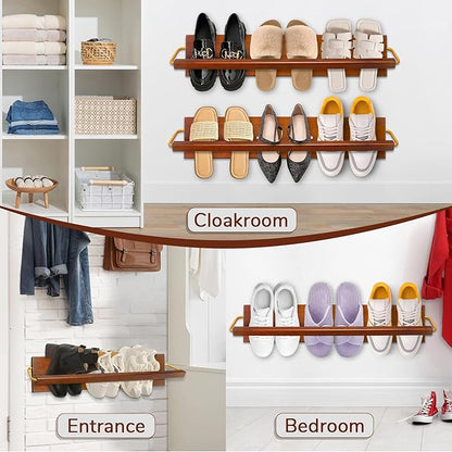 Wall Mounted Shoe Rack 2 Pcs, Solid Wood Wall Hanging Small Shoe Storage, Organize for Shoes, Sneaker, Slipper and Boots in Narrow Spaces, Entryway, Hallway, Trailer or RV, Walnut Color (28.5'' Long)