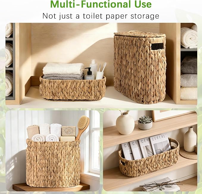 Livole 2-in-1 Toilet Paper Basket with Lid Water Hyacinth Toilet Paper Storage - 16 Regular Rolls or 12 Mega Rolls Large Natural Toilet Paper Organizer for Bathroom