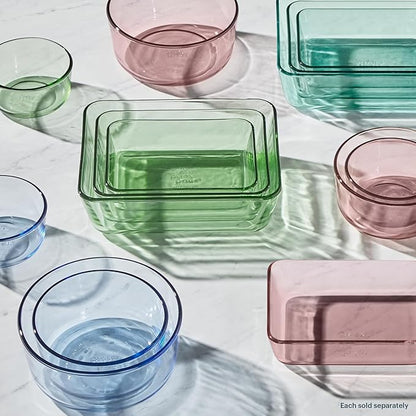 Pyrex Colors (3-Pack, Medium) Tinted Glass Round Food Storage Container Set, Snug Fit Non-Toxic Plastic BPA-Free Lids, Freezer Dishwasher Microwave Safe, 2 Cup, 4 Cup & 7 Cup, Blue
