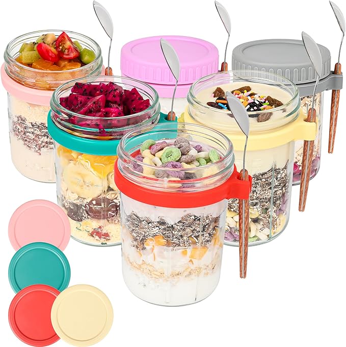 Xileanalee 6 Pack Overnight Oats Containers with Lids and Spoons-18 Oz Overnight Oats Jars Mason Jars for Chia Pudding Cereal Fruit Vegetable Milk Salad Yogurt Meal Prep