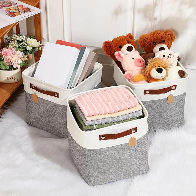 Uiifan 10 Pcs Collapsible Storage Bins Fabric Foldable Storage Basket with Handles Cloth Organizer Linen Shelf Baskets for Shelves Home Closet Nursery Toys(12 x 12 x 12 Inch,Gray and White)
