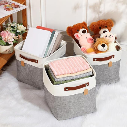 Uiifan 10 Pcs Collapsible Storage Bins Fabric Foldable Storage Basket with Handles Cloth Organizer Linen Shelf Baskets for Shelves Home Closet Nursery Toys(12 x 12 x 12 Inch,Gray and White)