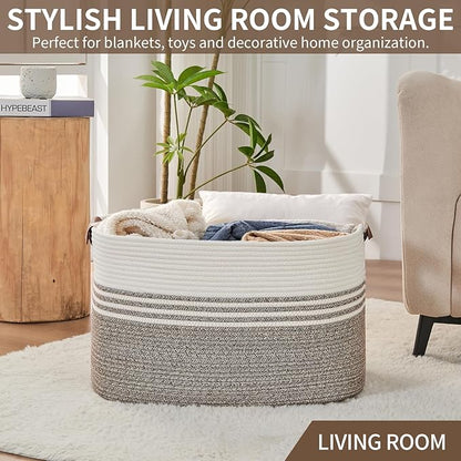 Large Woven Laundry Basket Hamper, 72L Cotton Rope Storage Bin for Blankets, Toys, Clothes, Decorative Nursery Hamper for Living Room, Baby Nursery, Bathroom, Bedroom, Kids Storage, Brown