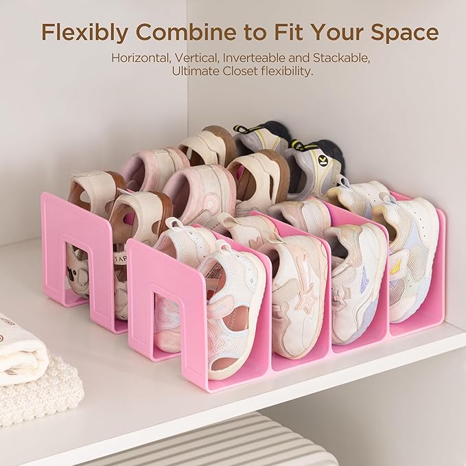 HBlife Pink Acrylic Kids Shoe Rack for Closet Organizers and Storage, Small Shoe Rack 4 Sections Toddler Baby Shoe Storage Organizer Stackable Shoe Shelf,Desk File Sorter Book Purse Organizer(2 Pack)