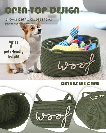 Sea Team Dog Toy Basket with Handles, 16.5 x 11 x 7 Inches, 4.4 Gallons Large Cotton Rope Storage Bin, Box, Shelf Organizer for Pet Chew Toys, Foods, Green Woof