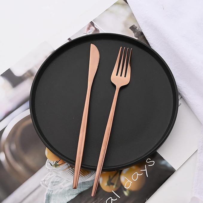 24 Piece Hanging Flatware Set, Stainless Steel Family Kitchen Utensil Set with Rack, Cutlery set for 6 with Holder, Silverware Sets with Holder, Hanging flatware set, Mirror Finish(Copper)