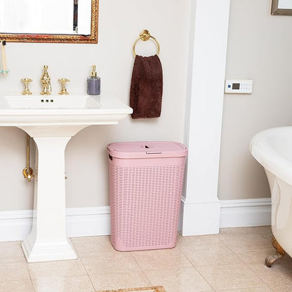 Mind Reader Slim Laundry Hamper with Lid, 40L Clothes Basket, Narrow Tapered Design with Ventilated Cutout Pattern, Plastic, Pink