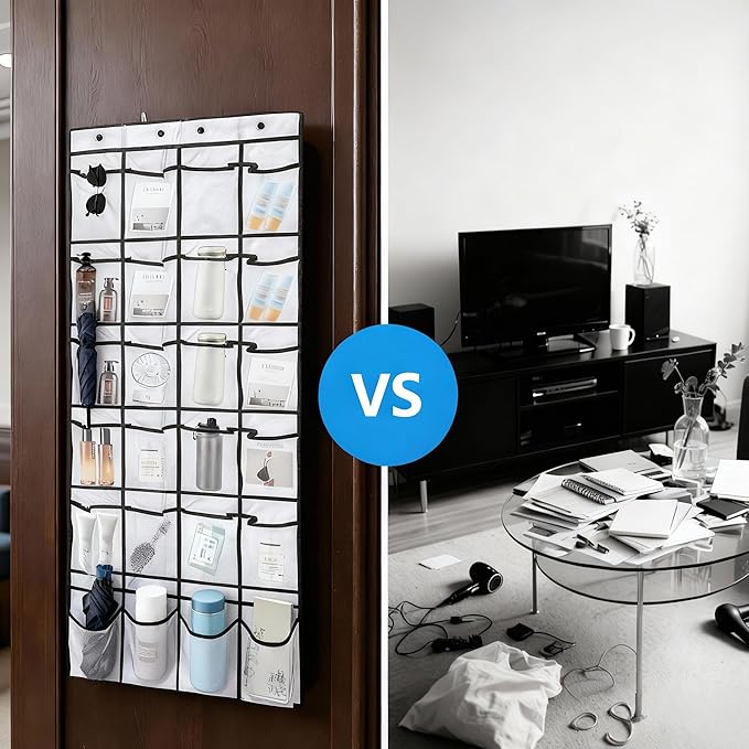 Cruise Approved Magnetic Door Organizer, 24 Mesh Pockets Over the Door Storage with Hooks, Magnetic Shoe Rack Holder for Cruise Ship Cabin, White 55x21 Inch