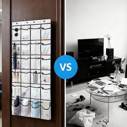 Cruise Approved Magnetic Door Organizer, 24 Mesh Pockets Over the Door Storage with Hooks, Magnetic Shoe Rack Holder for Cruise Ship Cabin, White 55x21 Inch