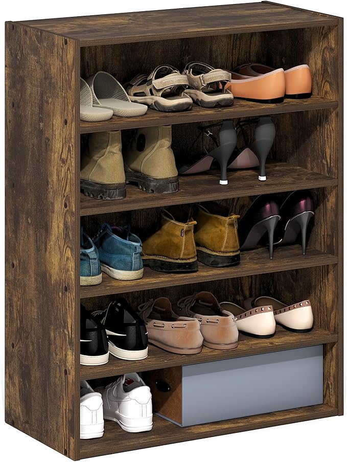 Furinno FANO Shoe Rack, 5-Tier Shoe Organizer, Stackable Shoe Storage, 11.4 x 24.2 x 31.5, for Closet Entryway, Office, Garage, Amber Pine