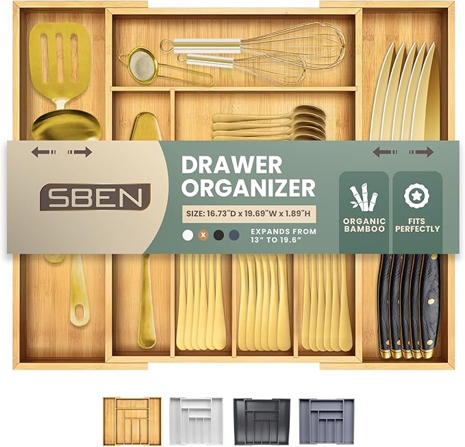 Sben Expandable Drawer Organizer for Utensils Holder, Adjustable Cutlery Tray, 6-8 Slots, Premium Wood Drawer Dividers Organizer for Silverware, Flatware, Knives for Kitchen (Bamboo)