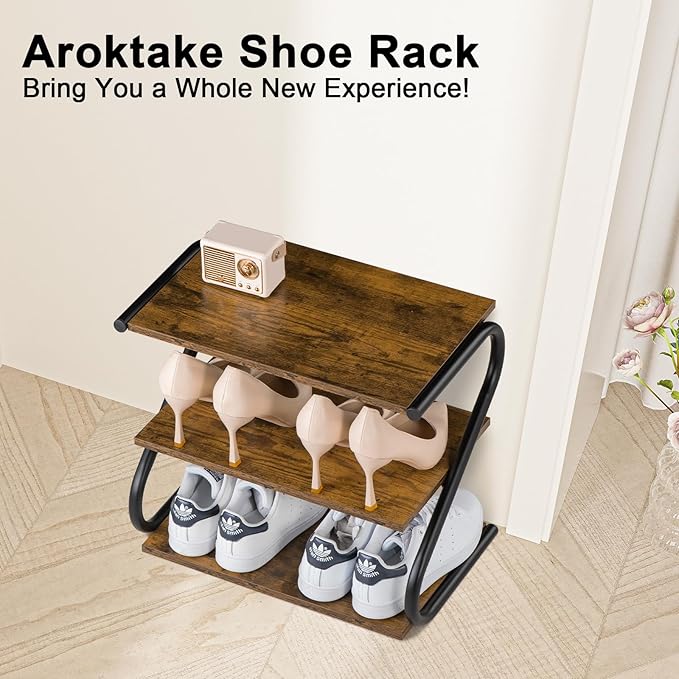 Small 3-Tier Shoe Rack Organizer, S-Shaped Wooden Shoe Shelf with Durable Metal Shelves, Free Standing Shoe Storage for Entryway, Hallway, Living Room, Closet, Bedroom (17.2”), Rustic Brown