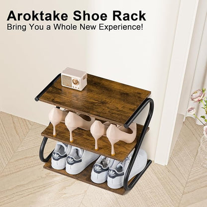 Small 3-Tier Shoe Rack Organizer, S-Shaped Wooden Shoe Shelf with Durable Metal Shelves, Free Standing Shoe Storage for Entryway, Hallway, Living Room, Closet, Bedroom (17.2”), Rustic Brown