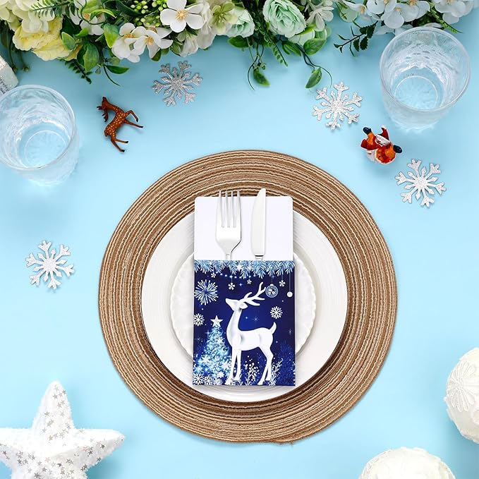 50pcs Christmas Utensil Holder Blue Xmas Deer Flatware Tableware Holder Bags Disposable Winter Knifes Forks Silverware Bags for Christmas Party Table Decoration Supplies
