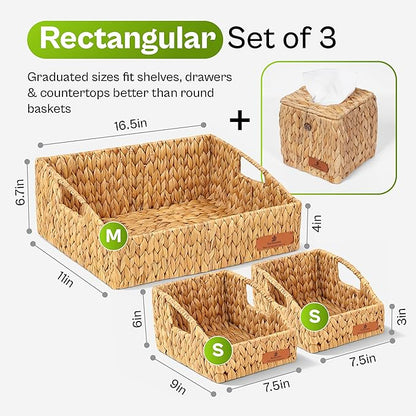 Water Hyacinth Storage Baskets for Shelves Set of 3, Rectangular Open-Top Wicker Storage Bins with Handles, Shelf Baskets for Closet, Bathroom, Pantry + Tissue Box Cover