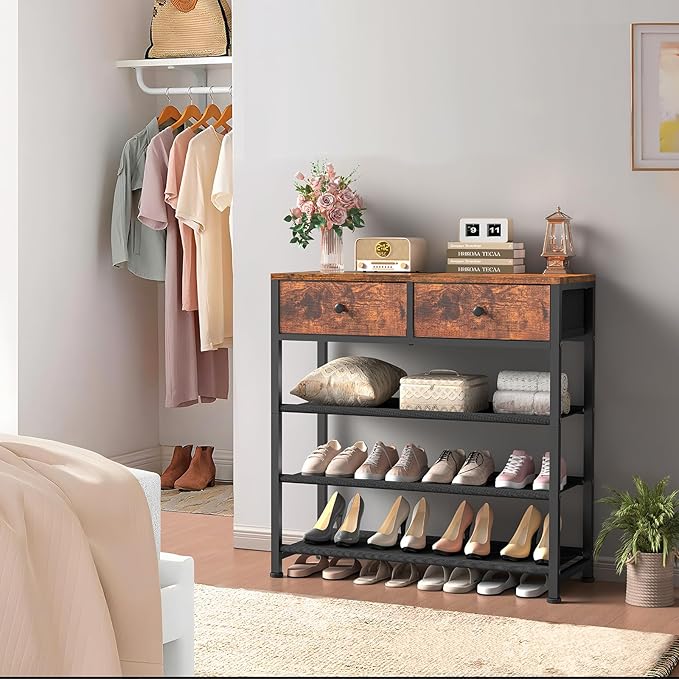 usikey Shoe Rack, 4 Tier Shoe Storage Organizer with 2 Drawers, Metal Shoe Shelf for 9-12 Pairs of Shoes, with 3 Oxford Fabric Shelves and Wooden Top, Shoe Stand for Entryway, Rustic Brown UNYXJX012F