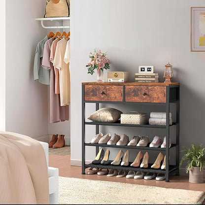 usikey Shoe Rack, 4 Tier Shoe Storage Organizer with 2 Drawers, Metal Shoe Shelf for 9-12 Pairs of Shoes, with 3 Oxford Fabric Shelves and Wooden Top, Shoe Stand for Entryway, Rustic Brown UNYXJX012F
