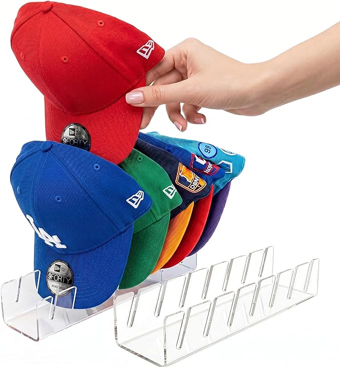 Baseball Hat Organizer 2 Pack, Clear Acrylic Hat Organizer Rack, Hat Display Stand Holds 14 Caps, 7-Slot No Assembly Cap Storage for Closet Shelf, Dresser, 11.4 x 3 x 2.2 in