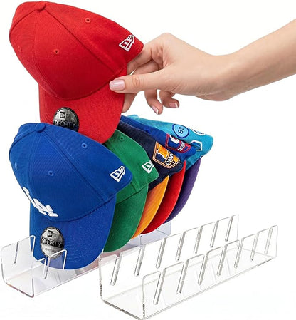 Baseball Hat Organizer 2 Pack, Clear Acrylic Hat Organizer Rack, Hat Display Stand Holds 14 Caps, 7-Slot No Assembly Cap Storage for Closet Shelf, Dresser, 11.4 x 3 x 2.2 in