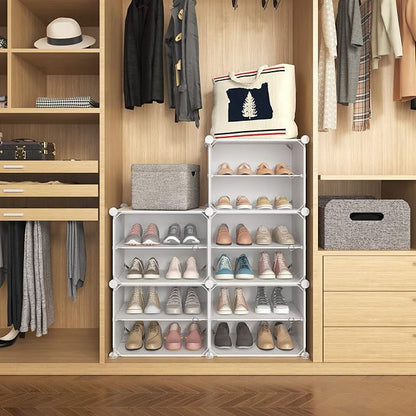 LANTEFUL 10 Tier Shoe Storage Cabinet with Door, Portable Narrow Organizer Rack for 20 Pairs, White Plastic with Hooks for Entryway or Bedroom
