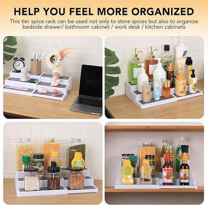 CiWiVOKi 3-Tier Expandable Spice Rack, Plastic Spice Rack Organizer for Cabinet, Adjustable Length, Non-Skid Spice Shelf Organizer for Kitchen Cabinet, Countertop or Pantry, 2 Pack, White/Grey
