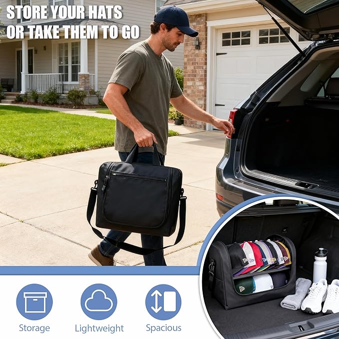 Large Hat Bag for Baseball Caps, Portable Hat Organizer Carrier for Travel, Hat Storage Box Holder for 24 Snapback Caps, Baseball Cap Traveling Case for Men, Black, and Gift Hat Hooks