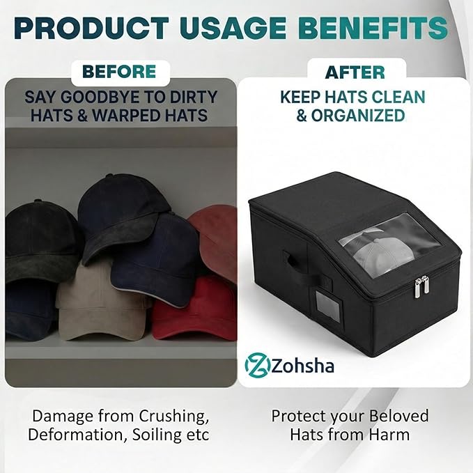 2-Pack Black Hat Organizer Boxes – Holds Up to 24 Caps Stackable Baseball Cap Storage, Breathable Fabric, Clear Window Lid, Foldable & Dustproof Hat Rack for Closet or Shelf