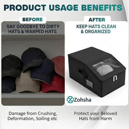 2-Pack Black Hat Organizer Boxes – Holds Up to 24 Caps Stackable Baseball Cap Storage, Breathable Fabric, Clear Window Lid, Foldable & Dustproof Hat Rack for Closet or Shelf