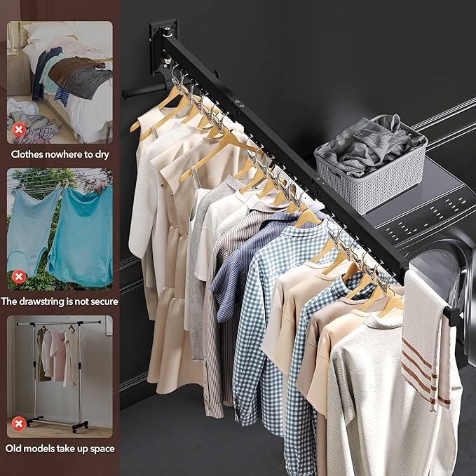 ZdwCyl Wall Mounted Clothes Hanger, Aluminum Clothes Drying Rack, Space Saver, Retractable, Windproof Holes, with Clips