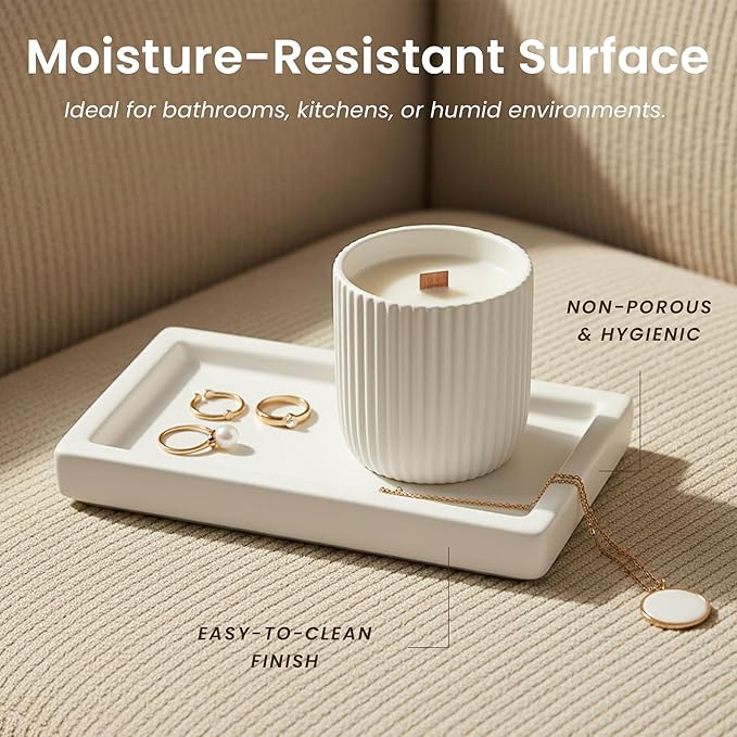 MaisoNovo White Bathroom Tray Countertop - 7.4x5.1 inch Handcrafted Ceramic Kitchen Tray for Soap Bottles, Perfume, Jewelry - Moisture Resistant - Rectangle Bathroom Dish with 4 Anti-Slip Pads