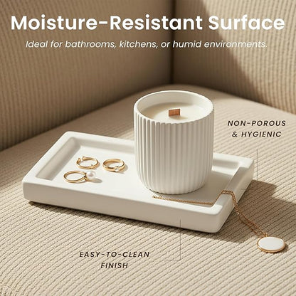 MaisoNovo White Bathroom Tray Countertop - 7.4x5.1 inch Handcrafted Ceramic Kitchen Tray for Soap Bottles, Perfume, Jewelry - Moisture Resistant - Rectangle Bathroom Dish with 4 Anti-Slip Pads