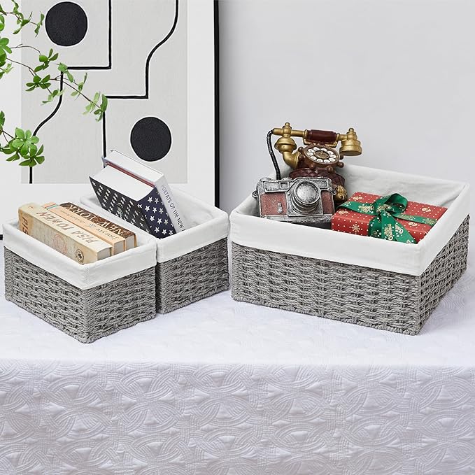 Vagusicc Wicker Basket, Set of 3 Hand-woven Storage Baskets for Organizing, Decorative Rectangle Wicker Storage Basket Bins with Handles, Small Toilet Paper Storage Baskets for Shelves & Decor, Grey